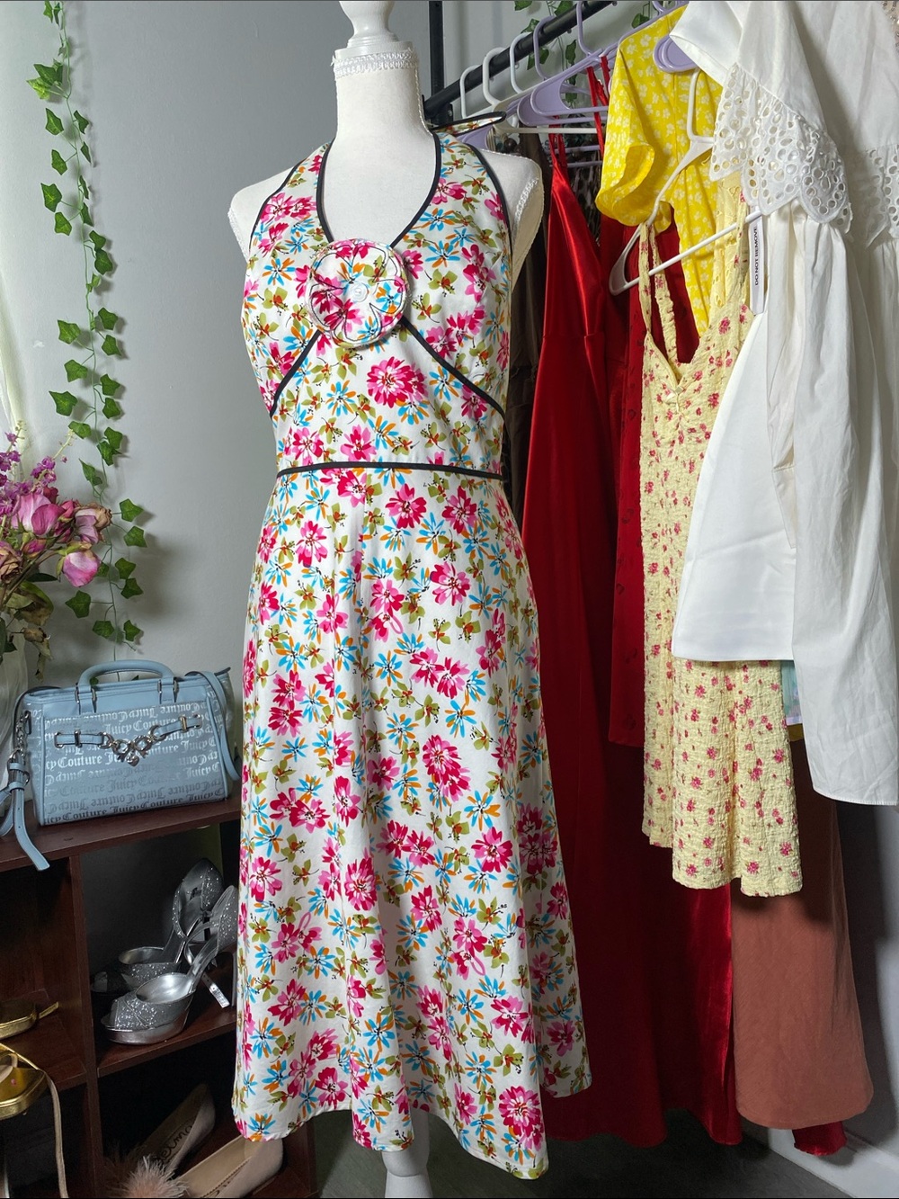 Liz Claiborne White Halter Midi Dress with Pink & Green Floral Print